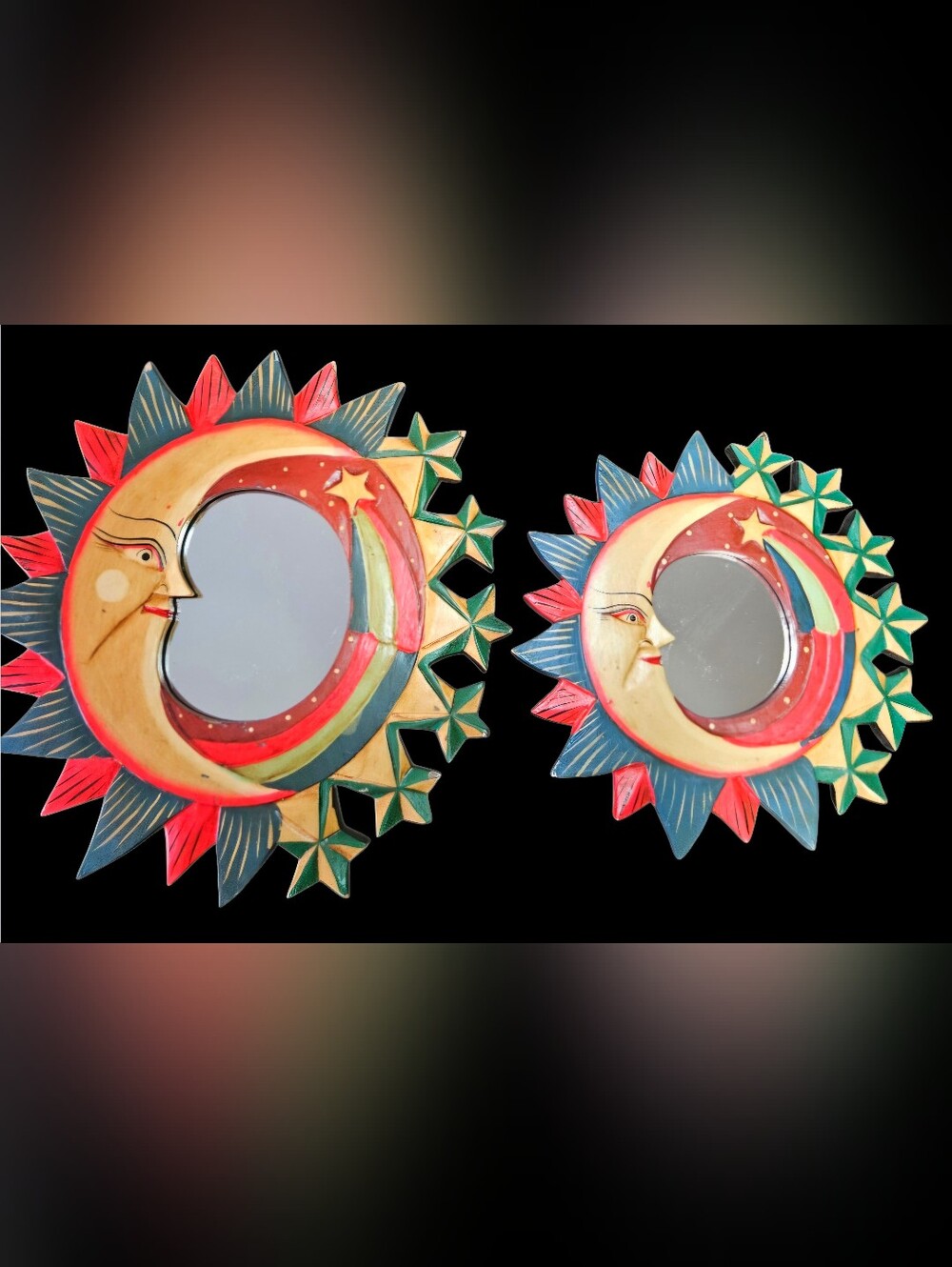 Vintage Hand Painted Celestial Sun Moon Wall Mirrors Set 16" & 12" Folk Art Boho